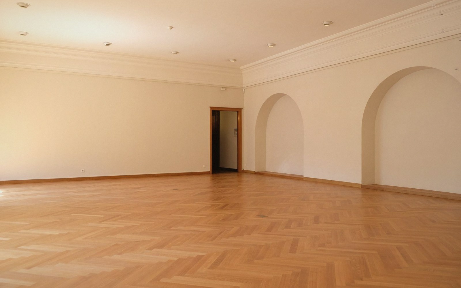 Empty room with herringbone wood flooring, arched wall niches and an open door