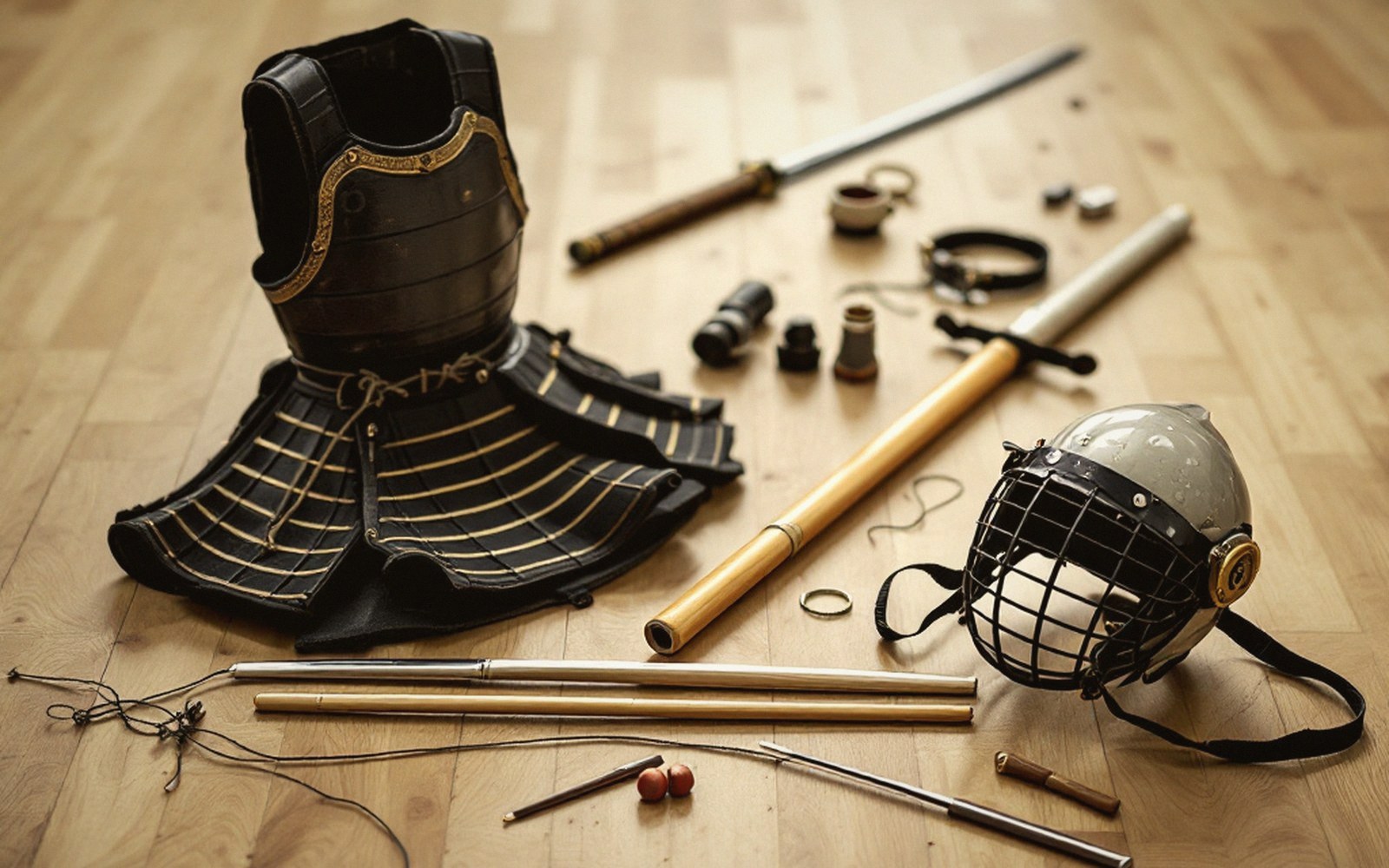 Samurai armor breastplate, helmet cage mask, sword and bamboo staves arranged on a wooden floor