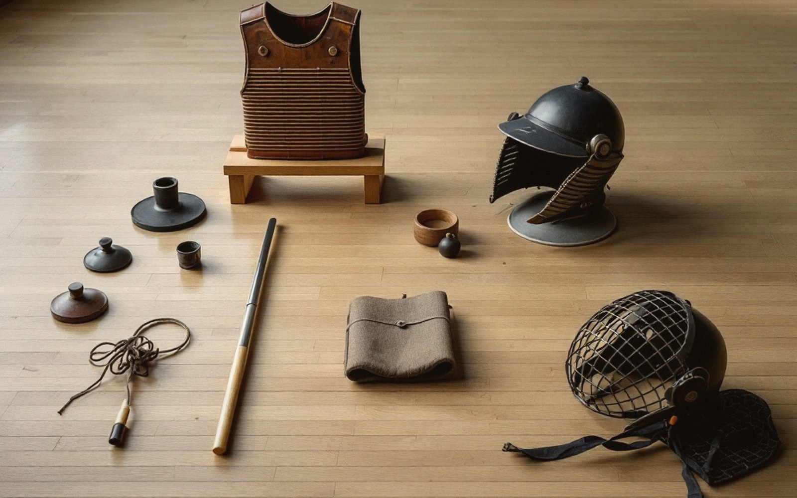 Samurai armor pieces, helmets, cord and wooden baton arranged on a wooden floor