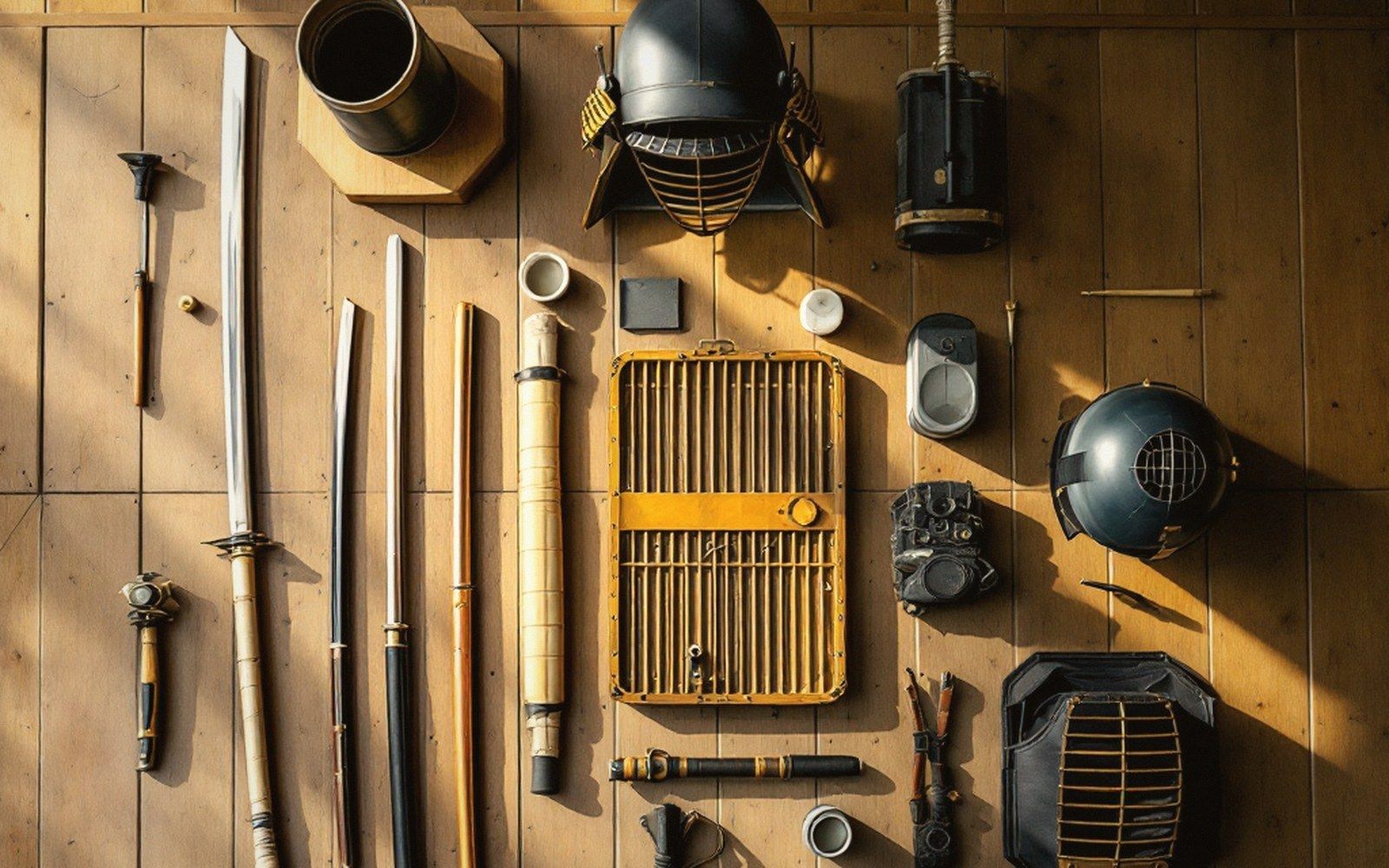 Kendo armor, helmets, swords and bamboo practice weapons arranged flat on wooden floorboards