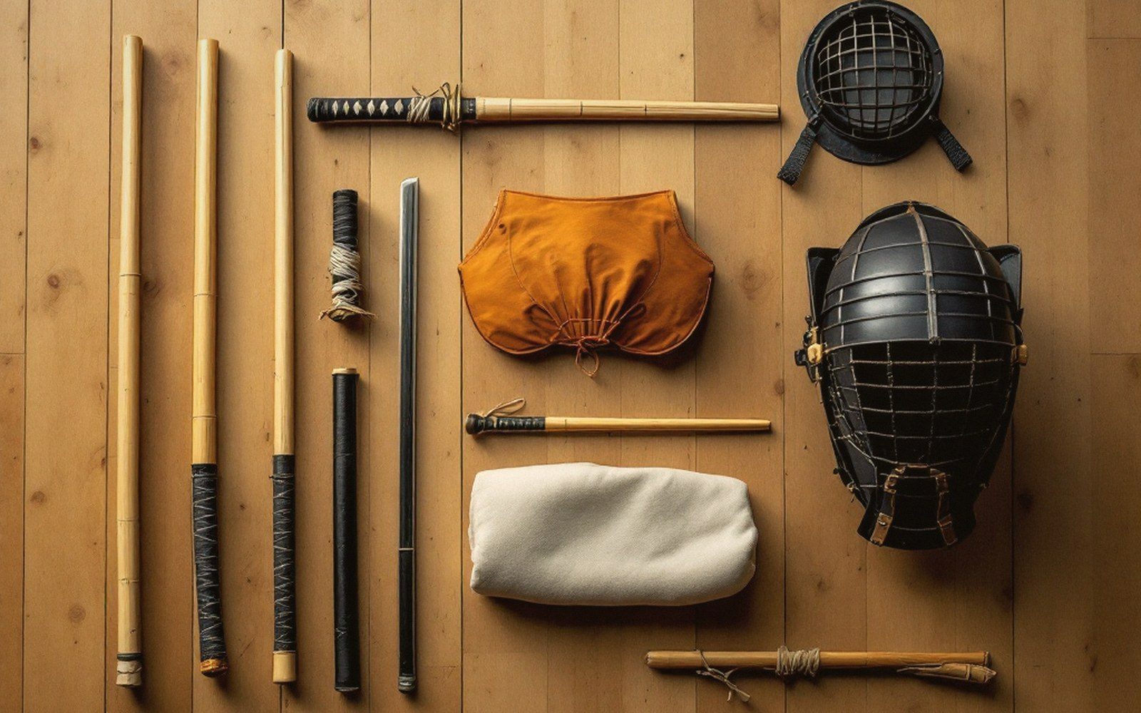 Kendo bamboo swords, wrist gloves, folded cloth and wire-mesh masks laid on wood flooring